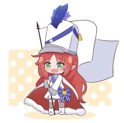 Rule 34 | 1girl, arknights, cape, chibi, drum major, flag, full body, green eyes, hat, holding, holding flag, kurotofu, long hair, long sleeves, myrtle (arknights), myrtle (light gold celebration) (arknights), official alternate costume, open mouth, pointy ears, red hair, smile, solo, standing, thighhighs, white cape, white flag, white hat