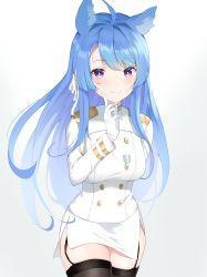 Rule 34 | 1girl, absurdres, ahoge, alternate costume, alternate hairstyle, animal ears, arm behind back, atago (azur lane), atago (azur lane) (cosplay), azur lane, black thighhighs, blue hair, blush, bow, commentary request, commission, cosplay, fox ears, futon fly away, garter straps, gloves, hair between eyes, hair bow, hair ribbon, helena (azur lane), highres, index finger raised, kemonomimi mode, long hair, long sleeves, looking at viewer, military, military uniform, pixiv commission, purple eyes, ribbon, sidelocks, simple background, smile, solo, thighhighs, uniform, white background, white gloves