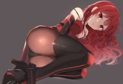 Rule 34 | 1girl, :o, ass, bad id, bad pixiv id, bare shoulders, black footwear, black gloves, black panties, boots, breasts, cleavage, crimson avenger (elsword), dress, elesis (elsword), elsword, expressionless, fetal position, foreshortening, gloves, grey background, high heel boots, high heels, long hair, looking at viewer, lying, medium breasts, on side, open mouth, panties, panties over pantyhose, pantyhose, pinb, red dress, red eyes, red hair, red thighhighs, simple background, skindentation, sleeveless, sleeveless dress, solo, strap slip, thigh boots, thighhighs, tsurime, underwear, very long hair, wavy hair