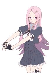Rule 34 | 1girl, arms up, assault lily, black bow, black gloves, black ribbon, black thighhighs, bow, bow legwear, breasts, buttons, closed mouth, commentary, cowboy shot, cropped jacket, fingerless gloves, frilled skirt, frilled thighhighs, frills, garter straps, gloves, gumoyu, hair ornament, hairclip, interlocked fingers, kiko totori, light blush, long hair, looking at viewer, medium breasts, miniskirt, neck ribbon, outstretched arms, parted bangs, pink eyes, pink hair, pleated skirt, puffy short sleeves, puffy sleeves, ribbon, school uniform, shirt, short sleeves, sidelocks, simple background, skirt, sleeve bow, smile, solo, standing, stretching, thighhighs, underbust, very long hair, white background, white shirt, yurigaoka girls academy school uniform