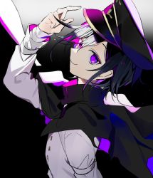 Rule 34 | 1boy, arm up, black background, black cape, black hair, black hat, blue hair, buttons, cape, closed mouth, danganronpa (series), danganronpa v3: killing harmony, from side, gradient background, grey background, grey jacket, hat, highres, huyuharu0214, jacket, looking at viewer, multicolored hair, oma kokichi, peaked cap, pink hair, purple eyes, smile, solo, torn cape, torn clothes