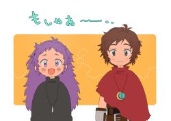 Rule 34 | 1boy, 1girl, alec (arc the lad), arc s0222, arc the lad, arc the lad iii, belt, blush stickers, brown eyes, brown hair, cape, closed mouth, finia, jewelry, long hair, looking at viewer, necklace, open mouth, purple eyes, purple hair, red cape, short hair, smile, spiked hair