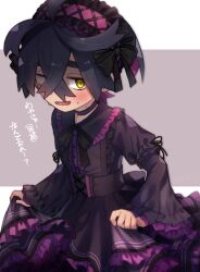 Rule 34 | 1boy, alternate costume, black bow, black dress, black hair, blush, bow, choker, commentary request, creatures (company), crossdressing, crossed bangs, dress, frilled dress, frills, game freak, gothic lolita, hair between eyes, hairband, half-closed eyes, highres, kieran (pokemon), lolita fashion, lolita hairband, long sleeves, looking at viewer, male focus, mitorizu 02, mole, mole on neck, multicolored hair, nintendo, open mouth, pokemon, pokemon sv, purple hair, simple background, solo, sweat, translation request, trap, two-tone background, wide sleeves, yellow eyes