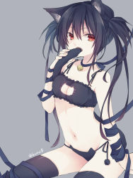 Rule 34 | 1girl, animal ears, arm ribbon, bell, biting, biting own tail, black hair, black panties, black thighhighs, blue ribbon, blush, breasts, cat cutout, cat ear panties, cat ears, cat lingerie, choker, cleavage cutout, clothing cutout, fang, frills, grey background, highres, holding own tail, jingle bell, kuroi (liar-player), long hair, looking at viewer, meme attire, navel, neck bell, open mouth, original, panties, red eyes, ribbon, short hair, side-tie panties, simple background, sitting, slit pupils, solo, stomach, tail, tail biting, thighhighs, twintails, twitter username, underwear, underwear only, wrist ribbon