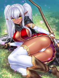Rule 34 | 1girl, ass, bad id, bad pixiv id, black panties, blush, boots, bow (weapon), breasts, bridal gauntlets, cleavage, cloak, dark-skinned female, dark elf, dark skin, elf, gloves, large breasts, long hair, looking at viewer, lying, on side, open mouth, original, panties, pantyshot, pointy ears, shiny clothes, shiny skin, silver hair, single glove, skirt, solo, thighhighs, twintails, underwear, weapon, yapo (croquis side), yellow eyes