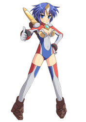 Rule 34 | 1girl, armor, blue eyes, blue hair, blue leotard, blue thighhighs, blush, boots, breasts, brown footwear, cleavage, cleavage cutout, clothing cutout, cross (crossryou), gloves, gold armor, grey armor, grey gloves, grey leotard, grey thighhighs, hand on own hip, leotard, looking at viewer, medium breasts, armored boots, red leotard, red thighhighs, reflasher, short hair, shoulder pads, smile, standing, thighhighs, thumbs up, ultra series, ultraman dyna, ultraman dyna (series), white background, wristband