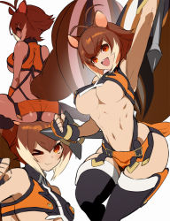 Rule 34 | 1girl, animal ears, arm up, armpits, ass, blazblue, breasts, brown eyes, brown hair, curvy, fingerless gloves, gabu (az210309), gloves, large breasts, makoto nanaya, midriff, navel, one eye closed, open mouth, revealing clothes, simple background, sitting, smile, solo, squirrel ears, squirrel tail, stomach, tail, thick thighs, thighhighs, thighs, toned, underboob, white background