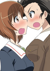 Rule 34 | 2girls, absurdres, black eyes, black hair, blue jacket, blush, breast rest, breasts, brown eyes, brown hair, chi-hatan military uniform, commentary, embarrassed, faceoff, from side, frown, girls und panzer, girls und panzer saishuushou, green shirt, height difference, highres, jacket, long hair, looking at another, military, military uniform, multiple girls, nishi kinuyo, nishizumi miho, ooarai military uniform, open mouth, shirt, short hair, simple background, straight hair, sweatdrop, uniform, wakku kan, white background