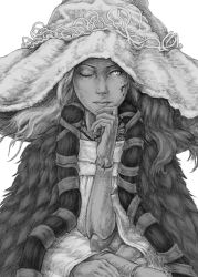 Rule 34 | 1girl, cloak, closed mouth, cracked skin, doll joints, dress, elden ring, extra arms, fur cloak, greyscale, hat, joints, long hair, looking at viewer, monochrome, ranni the witch, simple background, solo, white background, witch hat