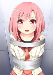 Rule 34 | 1girl, blush, breasts, commentary, commission, hair ornament, hairclip, ikazu401, jacket, koharu yoshino, looking at viewer, nervous smile, open clothes, open jacket, open mouth, pink eyes, pink hair, raised eyebrow, restrained, sakura quest, shirt, short hair, smile, solo, upper body, white jacket