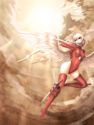 Rule 34 | 1girl, :o, angel wings, bodysuit, boots, breasts, cloud, covered navel, final fantasy, final fantasy tactics, floating hair, flying, from below, full body, gloves, hair between eyes, head wings, high heel boots, high heels, highres, lauqe, leg lift, leotard, light rays, long hair, looking to the side, medium breasts, multiple swords, open mouth, outdoors, red eyes, red footwear, red leotard, red thighhighs, sky, solo, sun, sunbeam, sunlight, sword, thigh boots, thighhighs, turtleneck, ultima (fft), weapon, white hair, wings