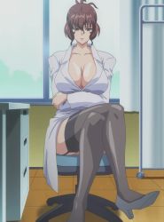 Rule 34 | 1girl, breasts, brown eyes, brown hair, cleavage, crossed arms, female focus, high heels, highres, indoors, katsuragi aiko, lab coat, large breasts, legs, crossed legs, looking at viewer, matching hair/eyes, mature female, mole, mole under mouth, pantyhose, rinkan club, short hair, sitting, solo, stitched, thighhighs, thighs, third-party edit, tsurime