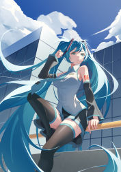 Rule 34 | 1girl, absurdres, adjusting hair, arm at side, arm support, armpit crease, bare shoulders, black footwear, black skirt, black sleeves, black thighhighs, blue eyes, blue hair, blue necktie, blue sky, breasts, building, character name, city, cloud, cloudy sky, collared shirt, contrail, day, detached sleeves, expressionless, floating hair, foot out of frame, hair between eyes, hair strand, hand up, hatsune miku, highres, holding, holding own hair, knee up, liu zhu, loafers, long hair, looking afar, medium breasts, narrow waist, necktie, number tattoo, on railing, outdoors, parted lips, pleated skirt, railing, shirt, shoes, shoulder tattoo, sideboob, sidelighting, sitting, skindentation, skirt, sky, sleeveless, sleeveless shirt, solo, sunlight, tattoo, taut clothes, taut shirt, thighhighs, tie clip, tsurime, twintails, very long hair, vocaloid, white shirt, zettai ryouiki