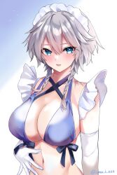 Rule 34 | 1girl, :d, adapted costume, artist name, bikini, blue eyes, blush, braid, breasts, cismlyri, cleavage, gloves, gradient background, grey hair, hair between eyes, highres, izayoi sakuya, large breasts, looking at viewer, maid headdress, navel, open mouth, short hair, sidelighting, smile, solo, swimsuit, touhou, twin braids, upper body, white gloves