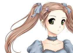 Rule 34 | 1girl, brown hair, choker, collarbone, green eyes, hair ornament, hairclip, kotikomori, looking at viewer, puffy sleeves, rabbit hair ornament, simple background, solo, twintails, white background