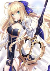Rule 34 | 1girl, ahoge, artoria caster (fate), artoria caster (third ascension) (fate), artoria pendragon (fate), blonde hair, bow, breasts, commentary request, cowboy shot, dress, fate/grand order, fate (series), gloves, green eyes, hair between eyes, hair bow, highres, holding, long hair, looking at viewer, medium breasts, neko daruma, smile, solo, twintails