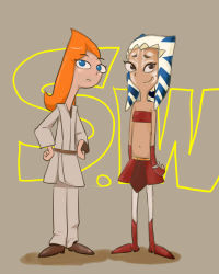 Rule 34 | 2girls, ahsoka tano (cosplay), arms at sides, bandeau, bare arms, bare shoulders, belt, blue eyes, brown belt, brown eyes, brown footwear, candace gertrude flynn, cosplay, cosplay request, facepaint, facing viewer, fingerless gloves, flat chest, full body, gloves, grey background, hands on own hips, hecha (buunntyoukyuu), long hair, looking at viewer, luke skywalker (cosplay), midriff, miniskirt, multiple girls, navel, orange hair, phineas and ferb, red footwear, simple background, skirt, smile, stacy hirano, star wars, star wars: the clone wars, strapless, tube top, white legwear