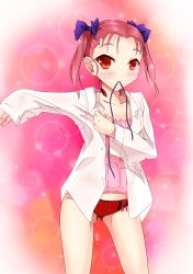 Rule 34 | 10s, 1girl, absurdres, accel world, ameyoshi, blouse, blue bow, blue ribbon, blush, bow, collarbone, female focus, gluteal fold, hair bow, highres, kouzuki yuniko, looking at viewer, mouth hold, open clothes, open shirt, panties, red eyes, red hair, red panties, ribbon, ribbon in mouth, shirt, short hair, solo, twintails, underwear, upper body, white shirt