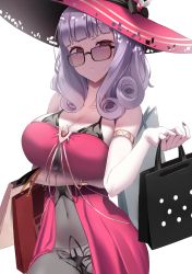 Rule 34 | 1girl, absurdres, bag, bare shoulders, blush, breasts, carmilla (fate), carmilla (swimsuit rider) (fate), carmilla (swimsuit rider) (first ascension) (fate), cleavage, collarbone, covered navel, curly hair, dress, fate/grand order, fate (series), hat, highres, laan (0110), large breasts, long hair, looking at viewer, looking over eyewear, looking over glasses, open mouth, pink dress, pink headwear, purple-tinted eyewear, purple-tinted glasses, shopping bag, simple background, sun hat, sunglasses, tinted eyewear, white background, white hair, yellow eyes