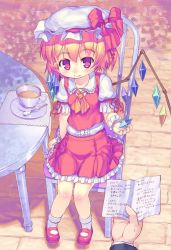 Rule 34 | 1girl, ascot, bad id, bad pixiv id, blonde hair, chair, cup, female focus, flandre scarlet, hat, hat ribbon, holding, jpeg artifacts, looking at viewer, nukaji (kuromahou kenkyuujo), paper, pavement, plate, red eyes, ribbon, saucer, side ponytail, sitting, skirt, smile, solo, spoon, table, tea, teacup, textless version, touhou, wings