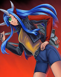 Rule 34 | 1girl, bag, belt, blue hair, blue shorts, cacodemon, commentary, cropped jacket, cyclops, demon girl, doom (series), gradient background, green eyes, hand on own hip, highres, horns, jacket, light smile, long hair, long sleeves, multiple horns, one-eyed, open clothes, open jacket, personification, pointy ears, scales, shorts, sidelocks, simple background, solo, substance20
