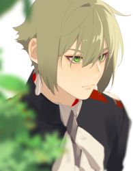 Rule 34 | 1boy, ascot, black jacket, blonde hair, blurry, blurry foreground, closed mouth, earrings, elan ceres, green eyes, gundam, gundam suisei no majo, hair between eyes, jacket, jewelry, looking to the side, male focus, nokhong y, plant, short hair, solo, tassel, tassel earrings, upper body, white ascot, white background