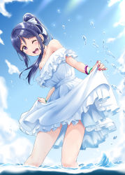 Rule 34 | 1girl, :d, absurdres, bangle, bare shoulders, blue hair, blue sky, blush, bracelet, breasts, clothes lift, cloud, collarbone, dress, dress lift, frilled dress, frills, hair ribbon, high ponytail, highres, in water, jewelry, large breasts, lifting own clothes, love live!, love live! sunshine!!, matsuura kanan, nail polish, ocean, off-shoulder dress, off shoulder, one eye closed, open mouth, outdoors, pillow, ponytail, purple eyes, ribbon, sidelocks, sky, sleeveless, sleeveless dress, smile, solo, sunlight, teeth, upper teeth only, wading, water, water drop, white ribbon, yopparai oni