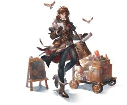 Rule 34 | 1boy, ahoge, bag, belt, bird, bishounen, black pants, boots, brown bag, brown hair, cape, cart, closed jacket, envelope, full body, fur trim, gloves, granblue fantasy, hair between eyes, high heel boots, high heels, holding, looking to the side, male focus, messy hair, minaba hideo, official art, pants, red eyes, sandalphon (granblue fantasy), sandalphon (valentine) (granblue fantasy), scroll, shoulder bag, sign, sweater, tachi-e, turtleneck, turtleneck sweater, white background
