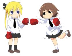 Rule 34 | 2girls, black bow, black necktie, black skirt, black socks, blonde hair, blue eyes, blush, bow, boxing gloves, breasts, brown eyes, brown footwear, brown hair, closed mouth, collared shirt, commentary request, flat chest, full body, gloves, hair bow, kill me baby, lets0020, loafers, long hair, looking at another, medium bangs, multiple girls, necktie, oribe yasuna, punching, red gloves, shirt, shoes, short hair, simple background, skirt, small breasts, socks, sonya (kill me baby), spiked gloves, standing, twintails, v-shaped eyebrows, white background, white shirt, white socks