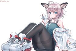 Rule 34 | 1girl, ahoge, animal ears, arknights, arm support, bare shoulders, black choker, black pantyhose, blue eyes, blue shirt, blush, breasts, brown hair, choker, commentary request, fox ears, fox girl, fox tail, gloves, jacket, looking at viewer, material growth, off shoulder, open clothes, open jacket, oripathy lesion (arknights), pantyhose, removing jacket, shipi (qlenf0715), shirt, shoes, short hair, simple background, small breasts, solo, sussurro (arknights), tail, thighs, twitter username, white background, white footwear, white gloves, white jacket, zipper pull tab