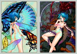 Rule 34 | 1girl, :p, antennae, barefoot, bug, butterfly, butterfly wings, centipede, fairy wings, female focus, flat chest, green eyes, green hair, highres, bug, insect wings, madara inosuke, nude, short hair, tongue, tongue out, touhou, wings, wriggle nightbug