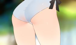 Rule 34 | 1girl, ass, ass focus, blurry, blurry background, contrapposto, copyright request, depth of field, facing away, from behind, highres, king maguro, lower body, one-piece swimsuit, side-tie swimsuit, solo, swimsuit, thighs, white one-piece swimsuit