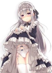 Rule 34 | 1girl, 3:, apron, black dress, blue bow, blush, bow, bow panties, closed mouth, clothes lift, commentary request, cowboy shot, dress, dress lift, frilled dress, frills, garter belt, hair between eyes, lifting own clothes, long hair, long sleeves, looking at viewer, maid, maid apron, maid headdress, nose blush, original, panties, panties over garter belt, purple eyes, silver hair, simple background, solo, thighhighs, underwear, usume shirou, very long hair, white apron, white background, white panties, white thighhighs