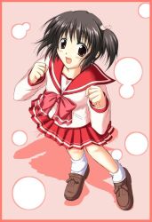 Rule 34 | 00s, 1girl, :d, black hair, bobby socks, border, bow, brown eyes, brown footwear, brown hair, clenched hand, from above, full body, hair ribbon, hands up, kinagi yuu, loafers, long sleeves, looking at viewer, open mouth, pink background, pink bow, pink neckwear, pleated skirt, red border, ribbon, school uniform, serafuku, shadow, shoes, short hair, short ponytail, side ponytail, skirt, smile, socks, solo, standing, to heart (series), to heart 2, white socks, yuzuhara konomi