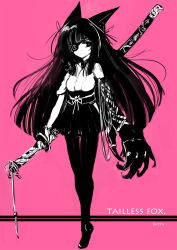 Rule 34 | 1girl, batta (kanzume quality), blunt bangs, character name, claws, closed mouth, expressionless, eyepatch, full body, high-waist skirt, hime cut, huge weapon, japanese clothes, katana, long hair, one eye covered, original, oversized forearms, oversized limbs, pantyhose, pink background, pink pupils, pleated skirt, simple background, skirt, solo, standing, sword, tattoo, thigh gap, weapon