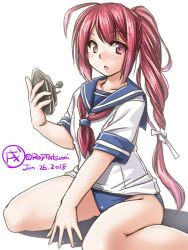 Rule 34 | 1girl, blue one-piece swimsuit, blue sailor collar, controller, dated, game controller, hair ribbon, i-168 (kancolle), kantai collection, long hair, looking at viewer, neckerchief, one-piece swimsuit, ponytail, red eyes, red hair, red neckerchief, ribbon, sailor collar, sailor shirt, school swimsuit, school uniform, serafuku, shirt, signature, simple background, sitting, solo, swimsuit, swimsuit under clothes, tatsumi ray, twitter username, wariza, white background