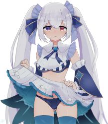 Rule 34 | 1girl, blue leotard, blue panties, blue ribbon, blue sleeves, breasts, brooch, closed mouth, clothes lift, commentary, cowboy shot, cropped shirt, detached sleeves, frilled sleeves, frills, gluteal fold, hair ribbon, heterochromia, highres, indie virtual youtuber, jewelry, kokuin, lace, lace-trimmed panties, lace-trimmed skirt, lace trim, leotard, lifting own clothes, light smile, long hair, looking at viewer, medium breasts, miniskirt, neck ribbon, panties, purple eyes, red eyes, ribbon, shirt, simple background, skirt, skirt lift, sleeveless, sleeveless shirt, solo, standing, sweat, thighhighs, tsukinami nato, underwear, very long hair, virtual youtuber, white background, white hair, white shirt, white skirt, wing collar