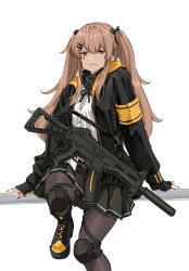 Rule 34 | 1girl, :3, armband, black footwear, black gloves, black jacket, black pantyhose, black ribbon, black skirt, boots, breasts, brown hair, closed mouth, commentary, cross-laced footwear, fingerless gloves, foot out of frame, girls&#039; frontline, gloves, gun, h&amp;k ump, hair between eyes, hair ornament, hair ribbon, hairclip, highres, jacket, knee pads, long hair, looking at viewer, medium breasts, mutugorou u, neck ribbon, on railing, pantyhose, pleated skirt, railing, red eyes, ribbon, scar, scar across eye, scar on face, shirt, simple background, sitting, skirt, smile, solo, submachine gun, suppressor, twintails, two-tone footwear, ump9 (girls&#039; frontline), weapon, white background, white shirt, window magazine, yellow armband, yellow footwear