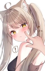 Rule 34 | !, 1girl, :t, ahoge, animal ear fluff, animal ears, black camisole, blurry, blush, breasts, camisole, cat ears, cat girl, cheek poking, closed mouth, commentary request, depth of field, furrowed brow, hamico, highres, light blush, light brown hair, looking at viewer, looking back, medium breasts, off shoulder, original, poking, pov, pov hands, simple background, slit pupils, solo focus, spaghetti strap, speech bubble, spoken exclamation mark, sweatdrop, twintails, upper body, white background, yellow eyes