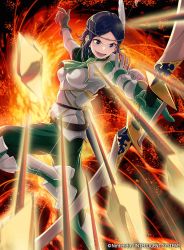Rule 34 | 1girl, 40hara, armor, armored boots, arms at sides, arrow (projectile), black eyes, black hair, boobplate, boots, bow (weapon), breastplate, breasts, circlet, company name, feathers, fire, fire emblem, fire emblem awakening, fire emblem cipher, gloves, highres, nintendo, noire (fire emblem), official art, open mouth, quiver, solo, teeth, weapon