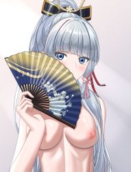Rule 34 | 1girl, absurdres, ayaka (genshin impact), blue eyes, blunt bangs, blush, breasts, closed mouth, folding fan, genshin impact, hair ornament, hand fan, hand up, high ponytail, highres, holding, holding fan, long hair, looking at viewer, medium breasts, mole, mole under eye, nipples, ponytail, sidelocks, silver hair, solo, suzhi2333, topless, upper body, very long hair