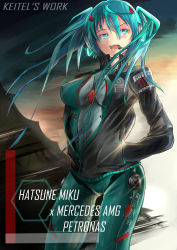 Rule 34 | 1girl, absurdres, aqua eyes, black jacket, bodysuit, breasts, building, covered erect nipples, floating hair, gradient background, hair between eyes, hair ornament, hairclip, hands in pockets, hatsune miku, headset, highres, jacket, keitel, long hair, looking to the side, matching hair/eyes, medium breasts, mercedes-benz, open clothes, open jacket, open mouth, outdoors, petronas, pirelli, plugsuit, racing suit, sidelocks, skin tight, sky, solo, vocaloid, wind, wind lift