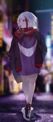 Rule 34 | 1girl, admiral graf spee (azur lane), azur lane, black footwear, black jacket, blurry, blurry background, depth of field, grey eyes, jacket, karinto yamada, long sleeves, looking away, looking to the side, mouth hold, multicolored hair, night, night sky, open clothes, open jacket, outdoors, print shirt, purple shirt, red hair, red scarf, red socks, scarf, shirt, shoes, signature, silver hair, sky, sleeves past fingers, sleeves past wrists, socks, solo, standing, streaked hair