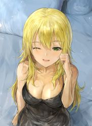 Rule 34 | 1girl, :d, arm up, bad id, bad pixiv id, bare arms, bed, bed sheet, blonde hair, blush, breasts, chan1moon, collarbone, green eyes, hair over shoulder, highres, hoshii miki, idolmaster, idolmaster (classic), idolmaster million live!, idolmaster million live! theater days, lingerie, long hair, medium breasts, negligee, on bed, one eye closed, open mouth, pillow, sitting, smile, underwear, upper body, waking up