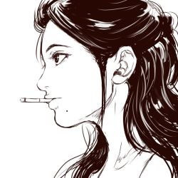 Rule 34 | 1girl, artist logo, cigarette, from side, greyscale, long hair, mole, mole under mouth, monochrome, mouth hold, nude, original, portrait, profile, shu-mai, simple background, solo, white background