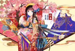 Rule 34 | 1girl, 2017, animal, bird, black hair, blue eyes, bug, butterfly, cherry blossoms, chicken, flower, furisode, fuzichoco, hair flower, hair ornament, happy new year, bug, japanese clothes, kimono, long hair, looking at viewer, new year, original, smile, solo