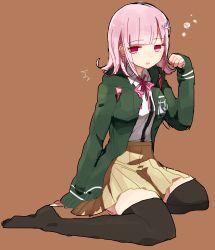 Rule 34 | 1girl, barefoot, beige skirt, black jacket, black thighhighs, breasts, brown background, commentary request, danganronpa (series), danganronpa 2: goodbye despair, dot nose, flipped hair, hair ornament, hand on ground, highres, hood, hoodie, jacket, large breasts, long sleeves, nanami chiaki, no shoes, pink eyes, pink hair, pink neckwear, pleated skirt, shine5s, shirt, short hair, simple background, sitting, skirt, sleepy, solo, thighhighs, white shirt