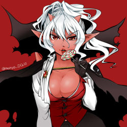 Rule 34 | 1girl, black cape, black gloves, black skirt, breasts, brooch, brown eyes, buttons, candy, cape, cleavage, collarbone, colored skin, demon girl, demon horns, dragon quest, dragon quest x, eyebrows, food, gloves, hair between eyes, high ponytail, holding, holding candy, holding food, holding lollipop, horns, jewelry, large breasts, licking, lips, lollipop, long hair, long sleeves, looking at viewer, nekomura otako, ogre (dq10), pleated skirt, pointy ears, popped collar, red background, red skin, red theme, red vest, shirt, simple background, skirt, solo, swirl lollipop, torn cape, torn clothes, tsurime, twitter username, upper body, v-shaped eyebrows, vest, wavy hair, white hair, white shirt
