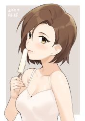 Rule 34 | 1girl, 2020, absurdres, breasts, brown hair, cleavage, closed mouth, collarbone, dated, food, grey background, hair between eyes, highres, holding, holding food, idolmaster, idolmaster cinderella girls, mizuki seira, onao, popsicle, short hair, small breasts, solo, two-tone background, upper body, white background, yellow eyes