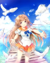 Rule 34 | 1girl, :d, bird, blush, braid, brown hair, culture japan, highres, looking at viewer, miwabe sakura, open mouth, outstretched arms, pier, red eyes, school uniform, skirt, smile, solo, suenaga mirai, twin braids, water